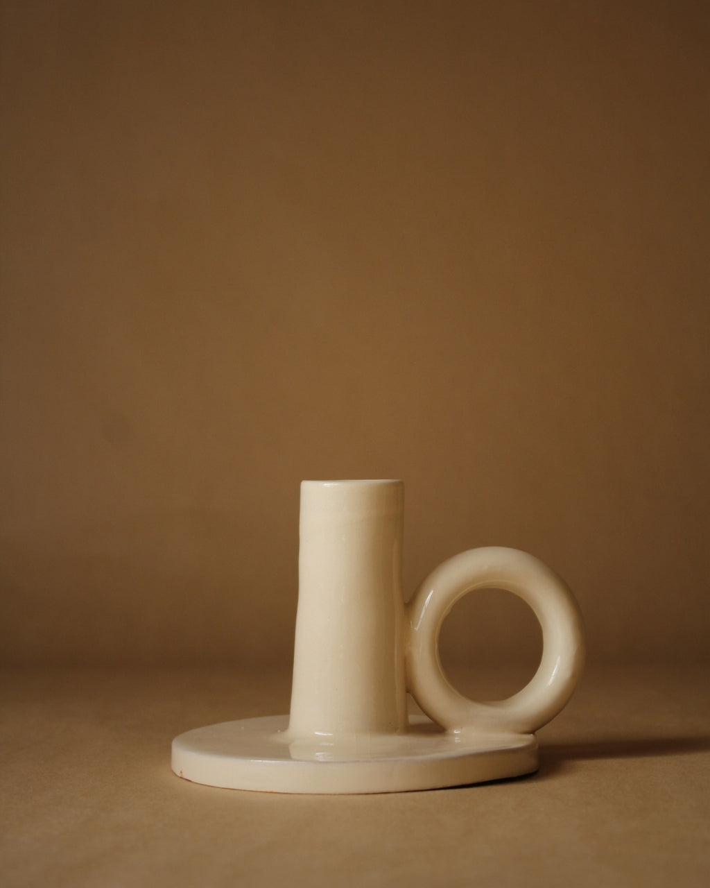 Contemporary Glazed Terracotta Taper Candle Holder with Ring Handle